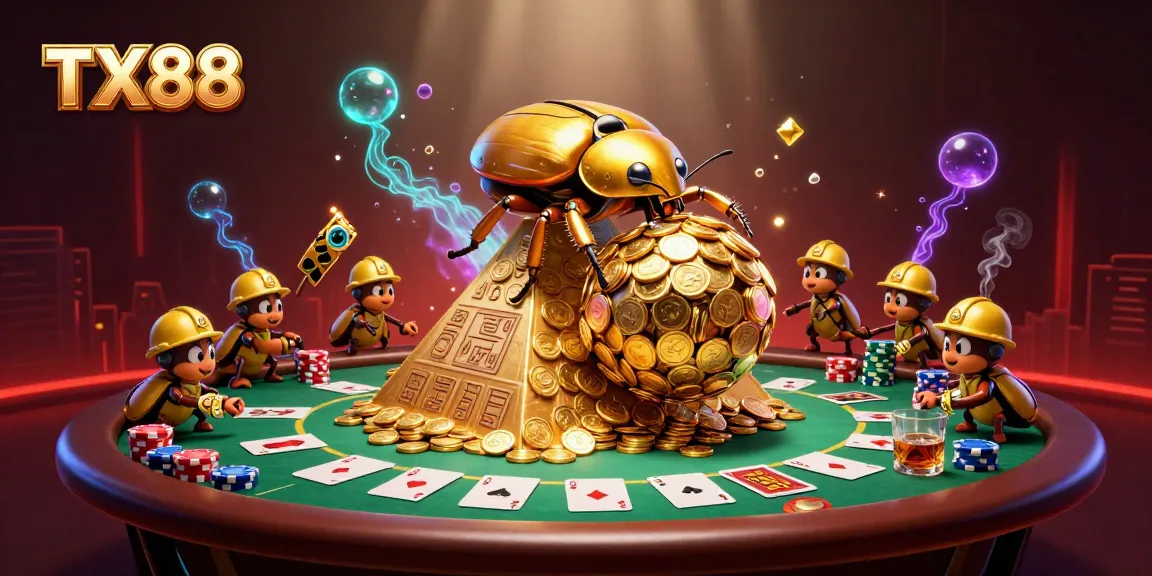 Engage with TX88 as a golden beetle rolls coins in a vibrant casino scene full of action.