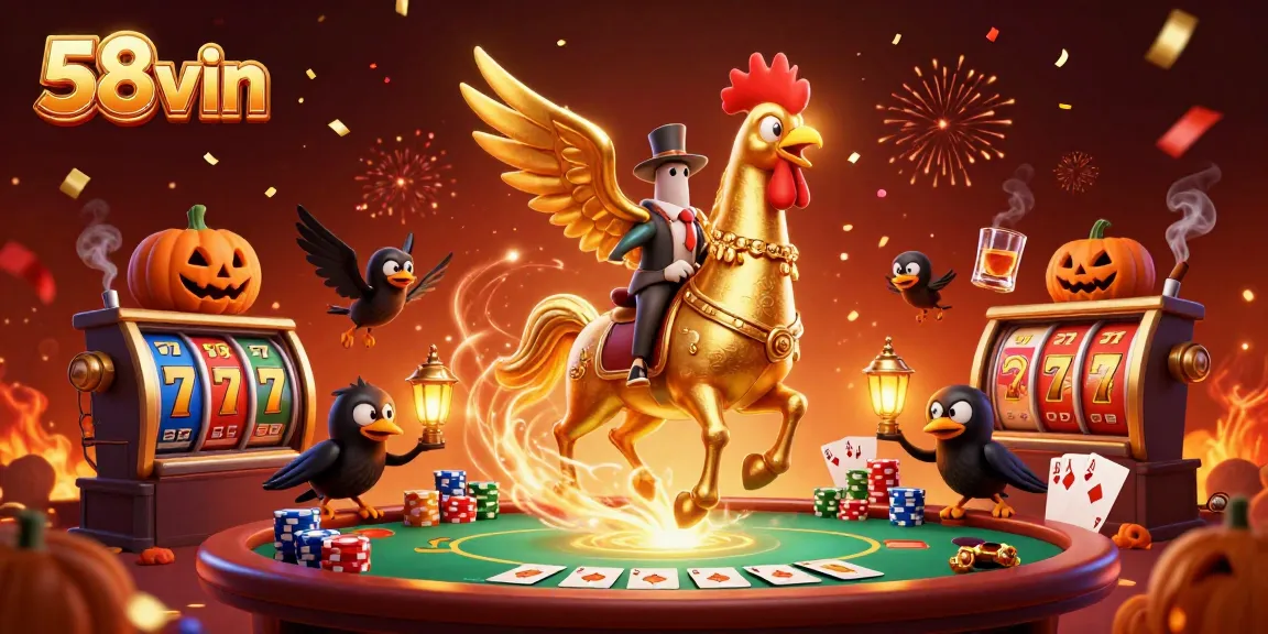 Engage with 58vin as a golden rooster ventures through a vibrant casino scene with poker action.