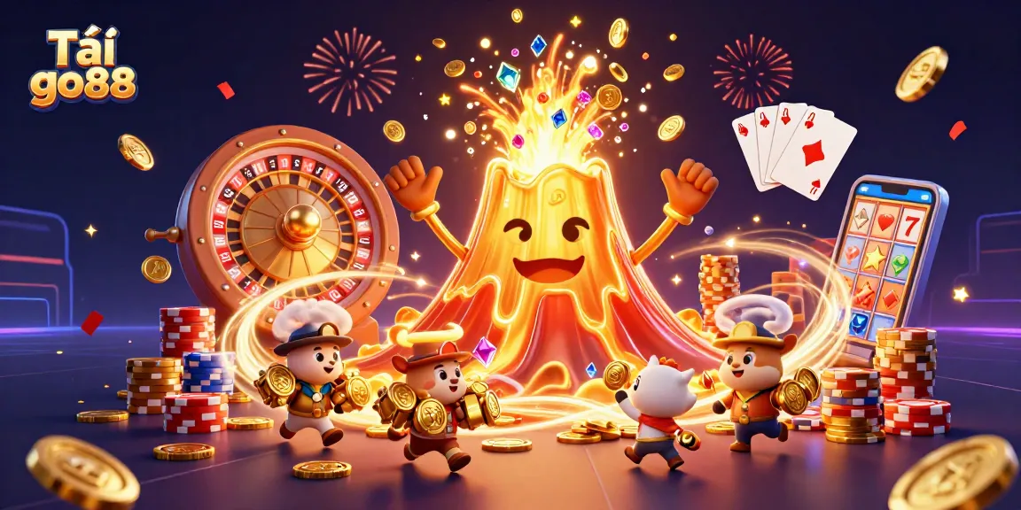 Experience the excitement of Tải go88 as the golden volcano erupts, showering treasures in a vibrant casino scene.