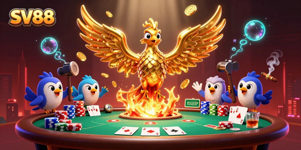 SV88 thrills as molten golden phoenix disperses coins at a vibrant poker scene.