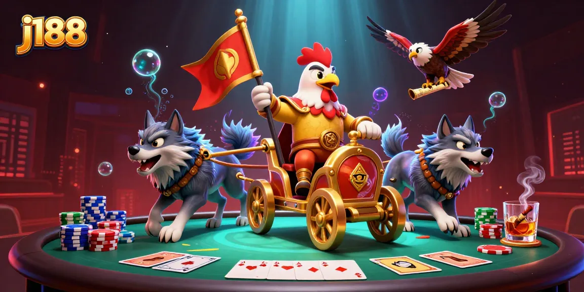 Experience thrilling gaming at j188 with a dynamic scene featuring a rooster warlord and poker elements.