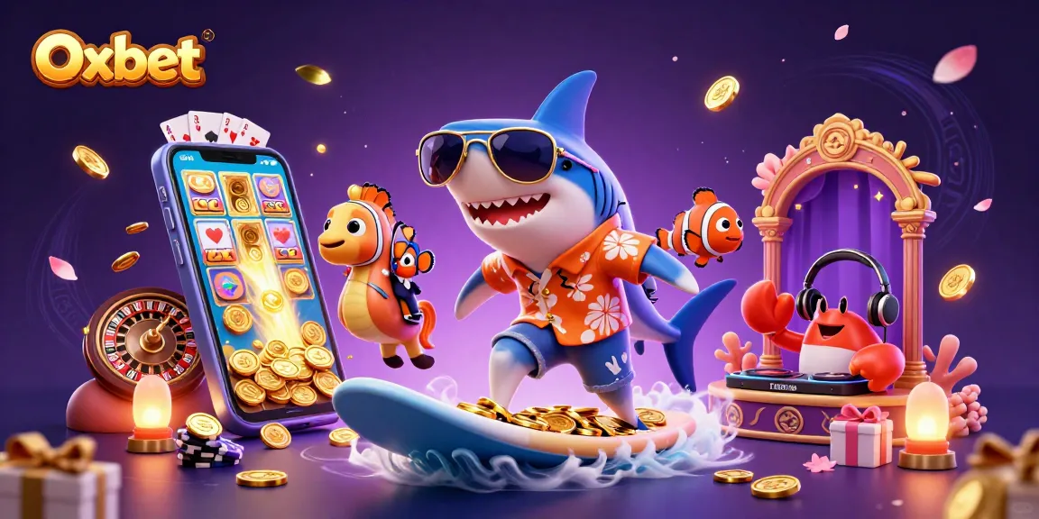 Oxbet's thrilling banner featuring a shark surfing gold coins, enticing players to engage.