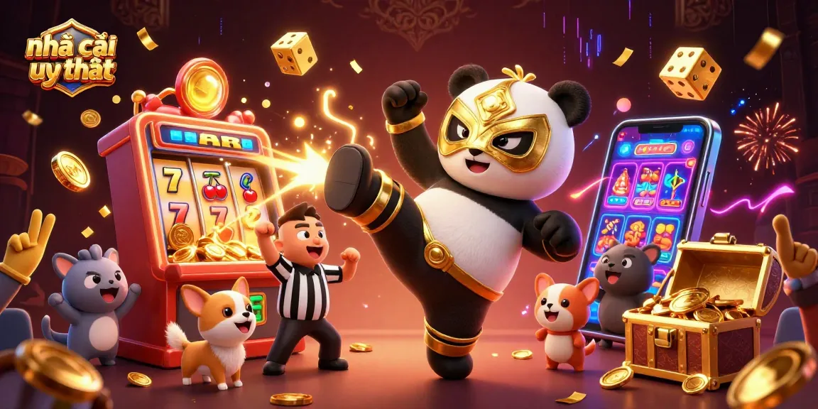 Experience the thrill of nhà cái uy tín with vibrant casino fun, featuring a golden luchador panda and a referee.