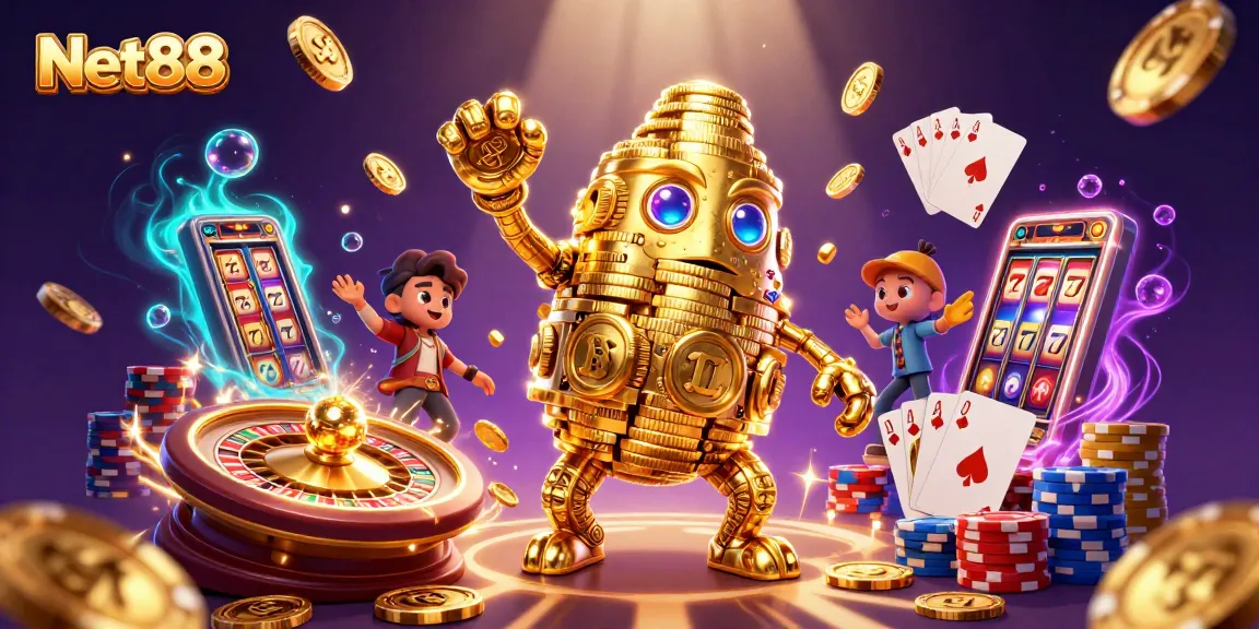 Experience thrilling gaming with Net88, showcasing vibrant casino elements and captivating characters.