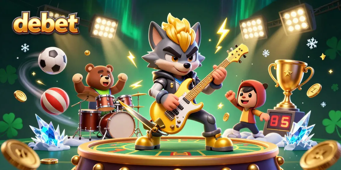 Experience debet's thrilling gaming with cartoon characters rocking out on a vibrant casino stage.