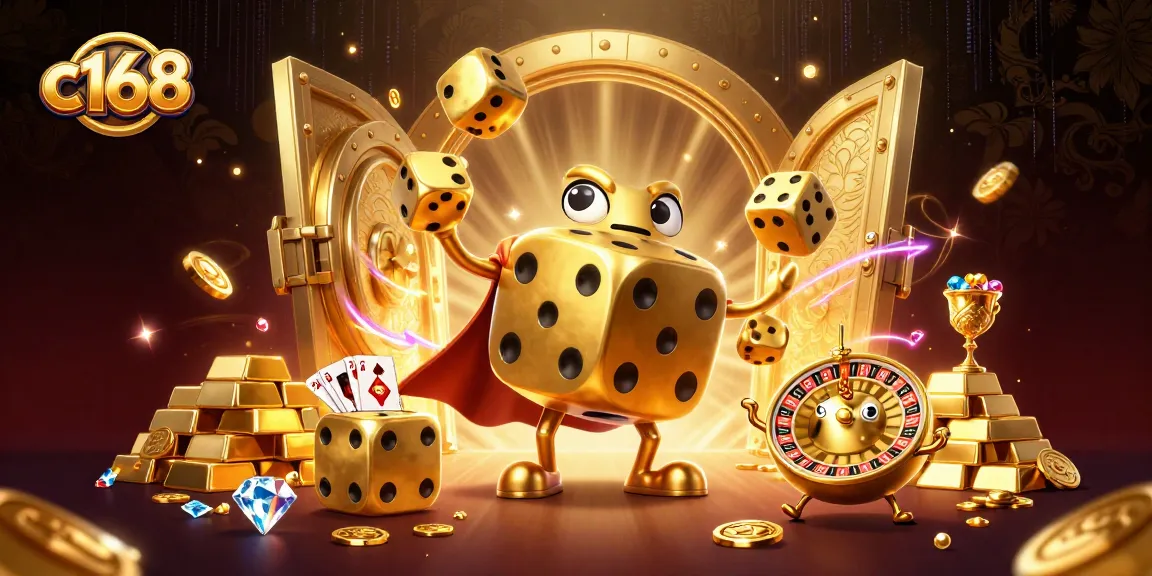 C168 showcases an energetic 3D golden dice character juggling while surrounded by casino treasures.