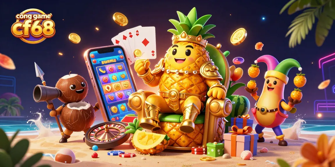 Engage in thrilling play at cổng game cf68 with golden coins, colorful slot games, and beach casino elements.