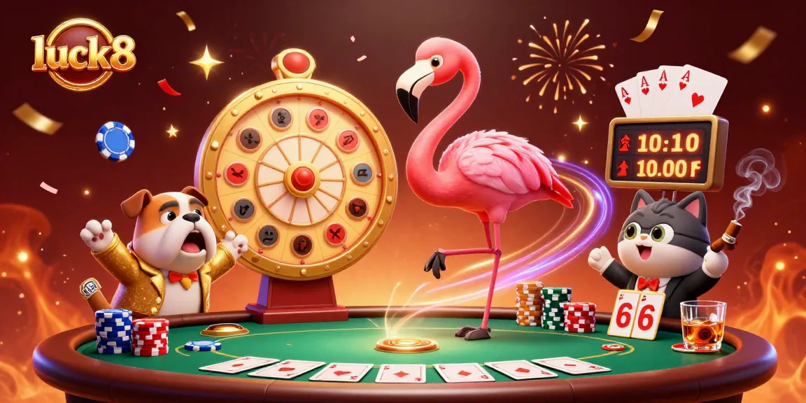 Engage in thrilling gambling excitement with luck8 at the casino prize wheel, showcasing vibrant poker elements.