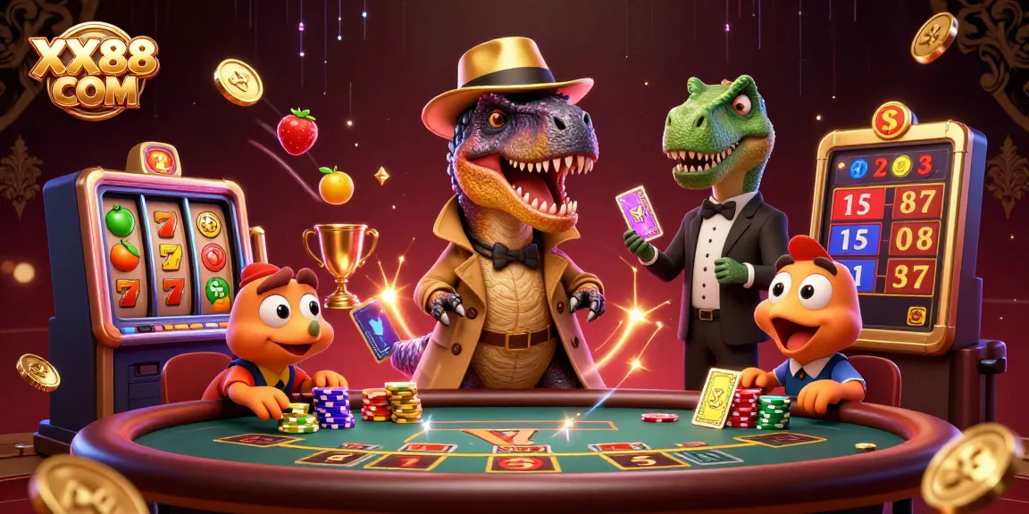 Experience exciting gaming action with XX88 COM at a vibrant casino table featuring unique characters and elements.