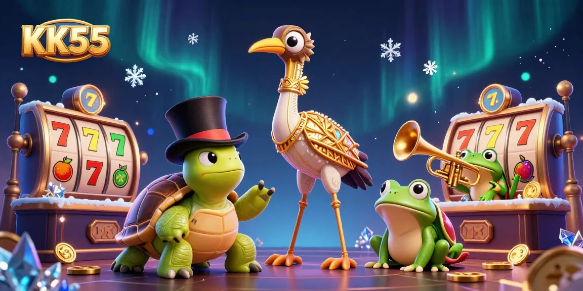 Join the excitement at KK55 with vibrant slot reels and engaging characters in a thrilling casino scene.