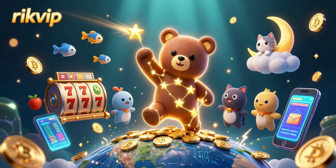 Engage with rikvip as a constellation bear collects coins amidst slot game excitement and cryptocurrency.
