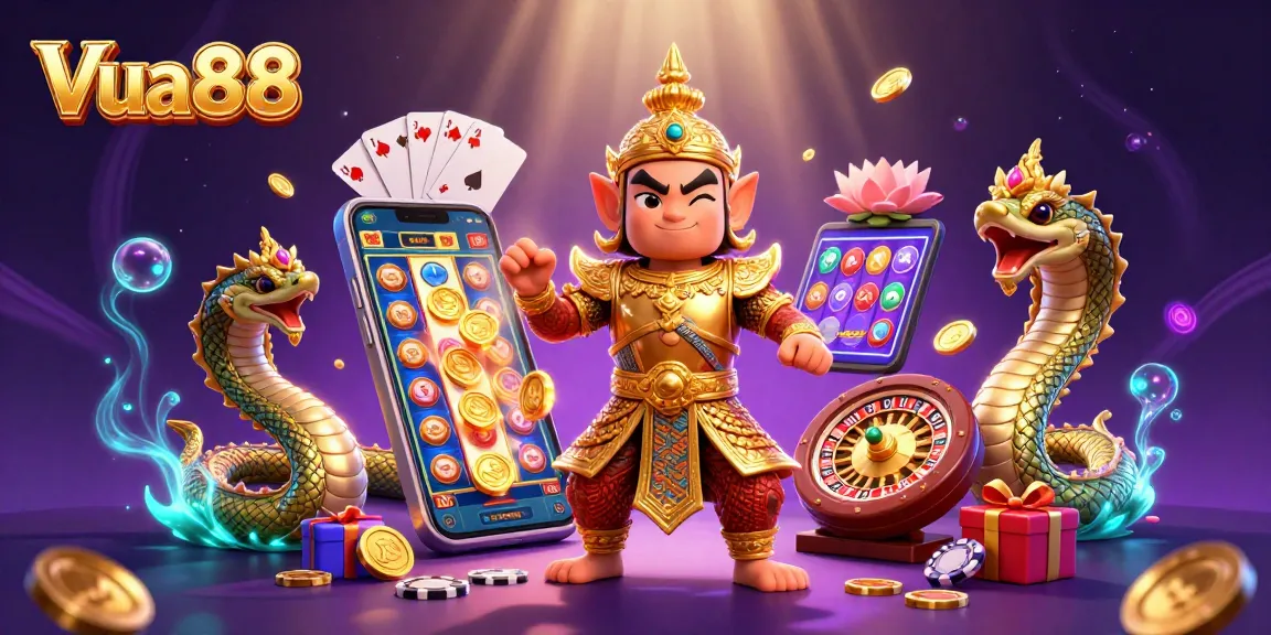 Experience the thrill of Vua88 with vibrant 3D casino elements and dynamic gaming action.