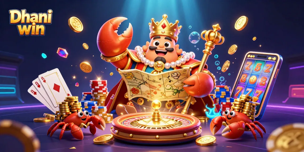 Dhani win features a dynamic illustration of a golden crab emperor amidst casino elements and riches.