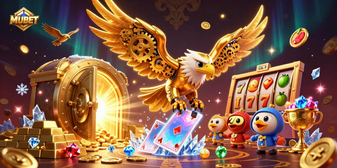 MUBET's dazzling casino world, featuring a cybernetic eagle diving among bright slots and treasures.