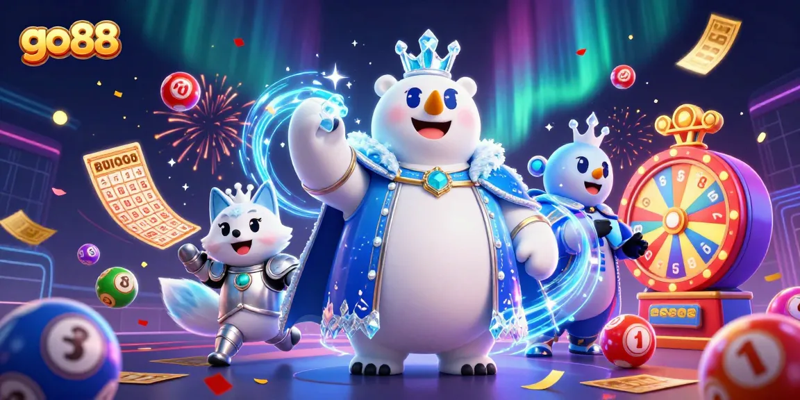 Engage in thrilling gambling experiences with go 88's cartoon polar bear and snow fox amidst dynamic lottery and casino elements.