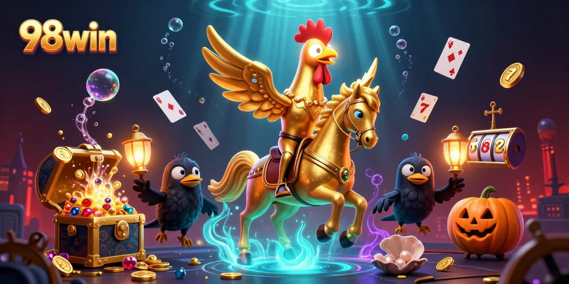 Experience 98win's thrilling online casino ambiance with golden rooster character amidst slot machines and treasures.
