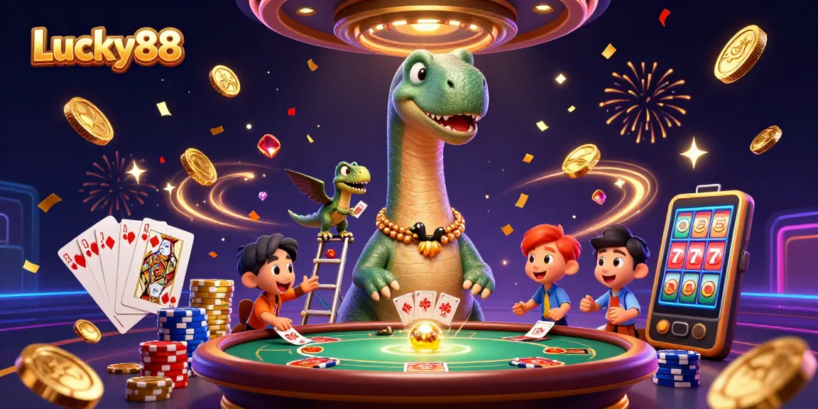 Win big with Lucky88 as a cartoon brontosaurus oversees the casino fun.