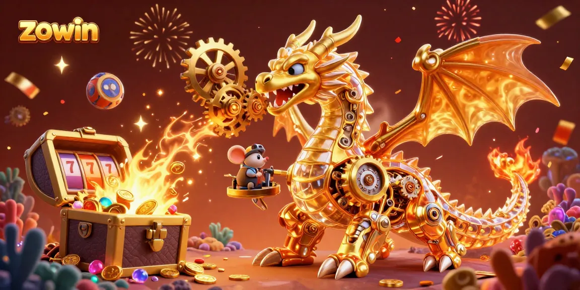 Zowin showcases thrilling gameplay with a golden dragon and vibrant casino elements, symbolizing engagement.