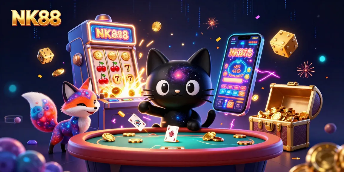 Experience immersive gaming action with NK88 as vibrant cosmic characters animate the casino flair.