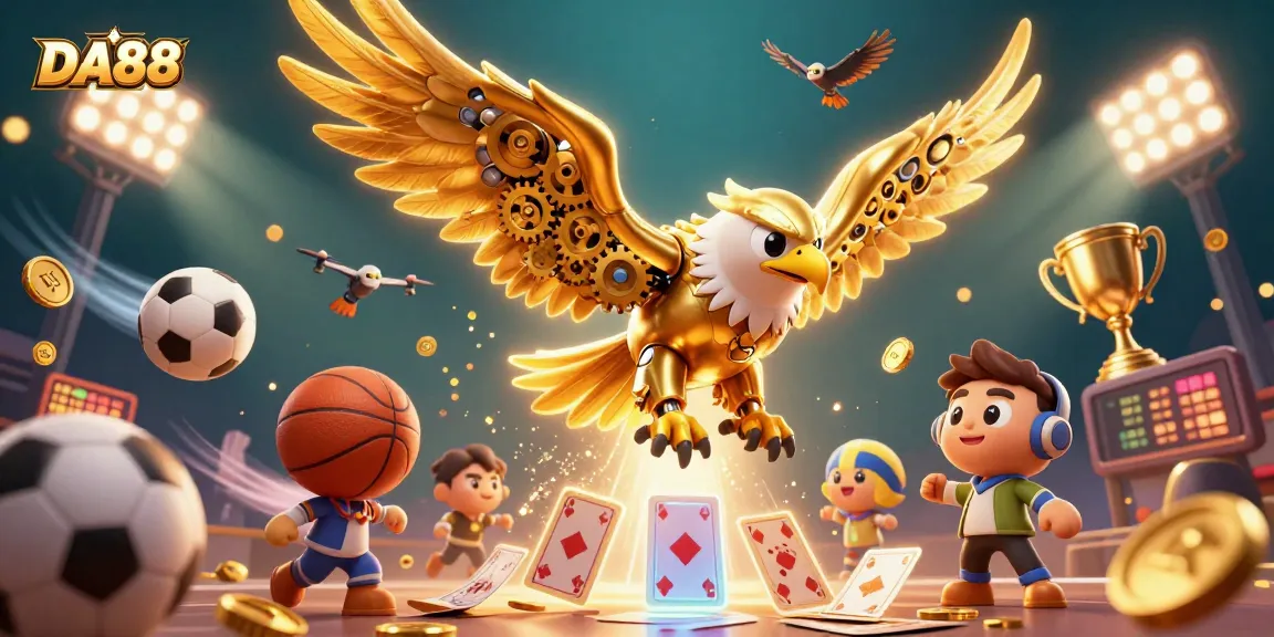 Experience the thrill of DA88 gaming with a golden eagle flying among vibrant sports elements and holographic cards.