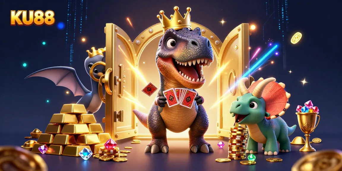 Play and win at KU88 with a vibrant illustration of casino gaming elements and animated dinosaurs.