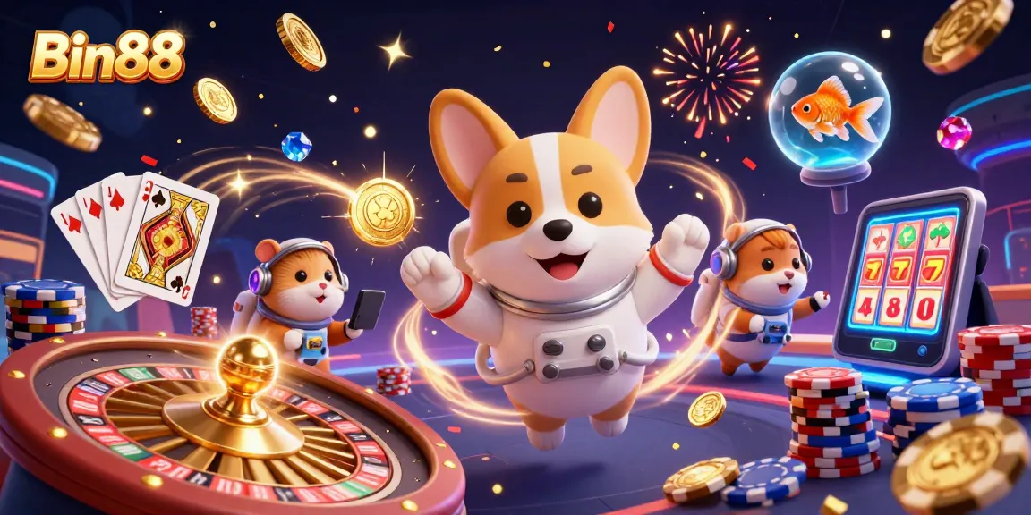 Experience thrilling gaming with Bin88 in this festive space casino scene.