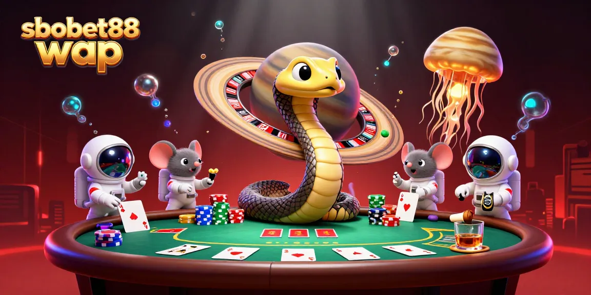 Bet on sbobet88 wap with cartoon snakes, astronauts, and cosmic jellyfish in a vibrant space scene.