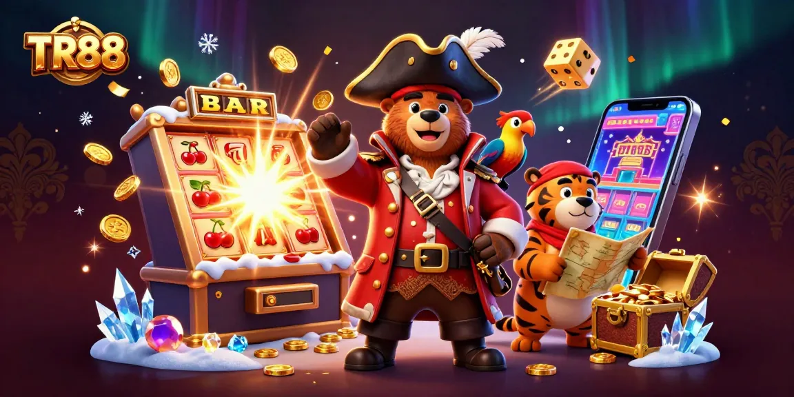 Spin TR88 slots with excitement in vibrant pirate-themed casino illustration, featuring gold coins and treasures.