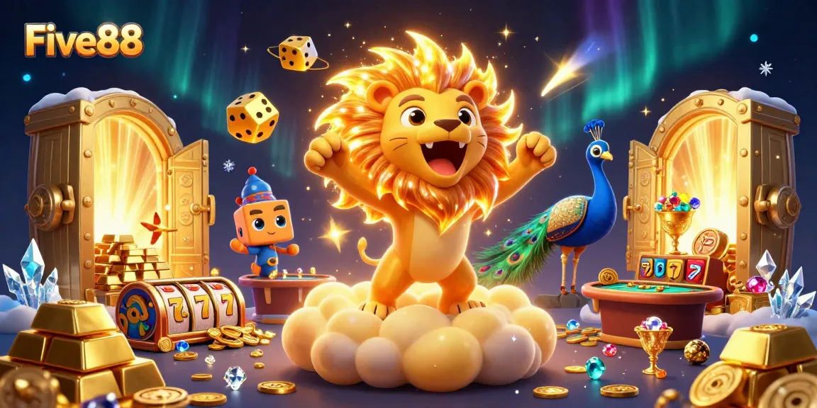 Five88 digital illustration showing a roaring lion amidst casino gaming elements and treasures, creating a vibrant scene.
