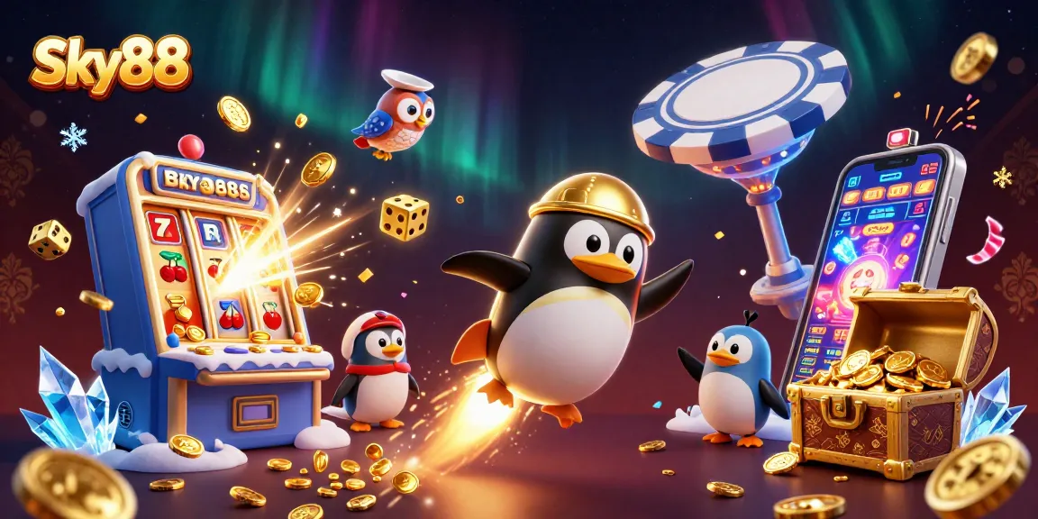 Engage with Sky88, a thrilling casino experience featuring a golden penguin and jackpot excitement.