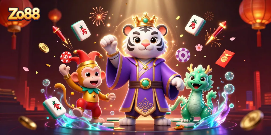 Experience the thrill of Zo88 with a vibrant 3D illustration showcasing rich casino elements and lively characters.