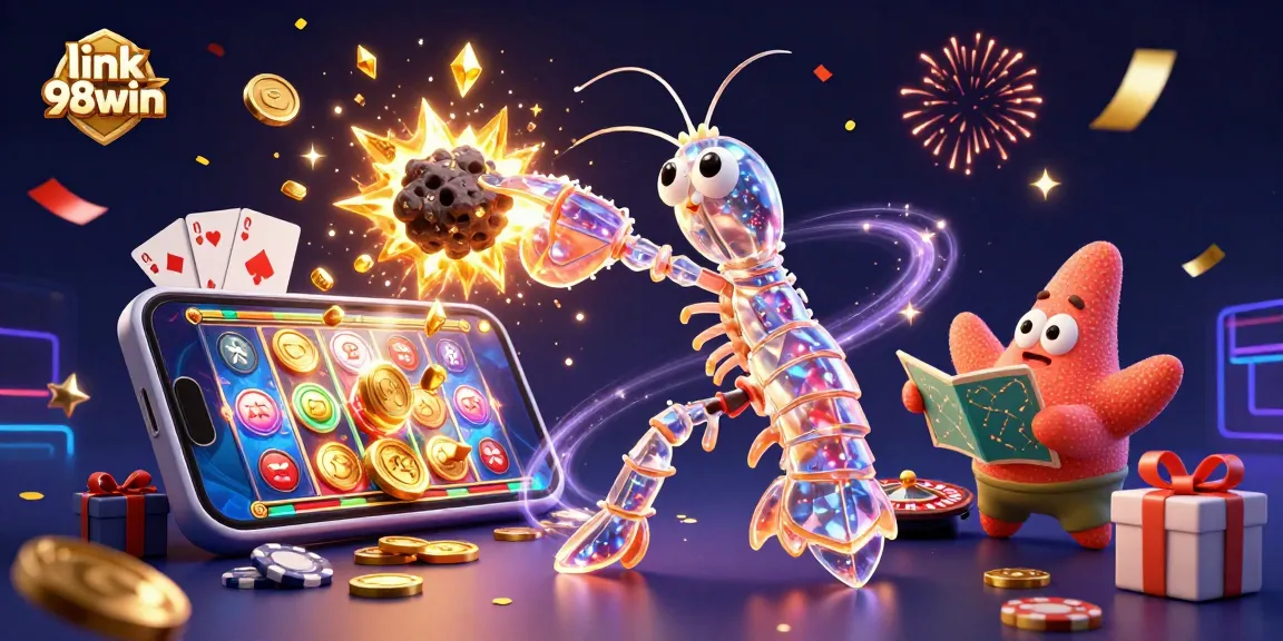 Engage with the vibrant world of link 98win, showcasing a galactic shrimp in action amid slot games and treasure.