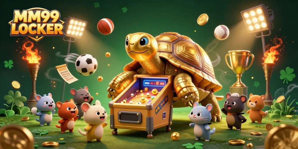 Exciting MM99 LOCKER gaming action with a colossal golden tortoise and cartoon animals in a lively casino scene.