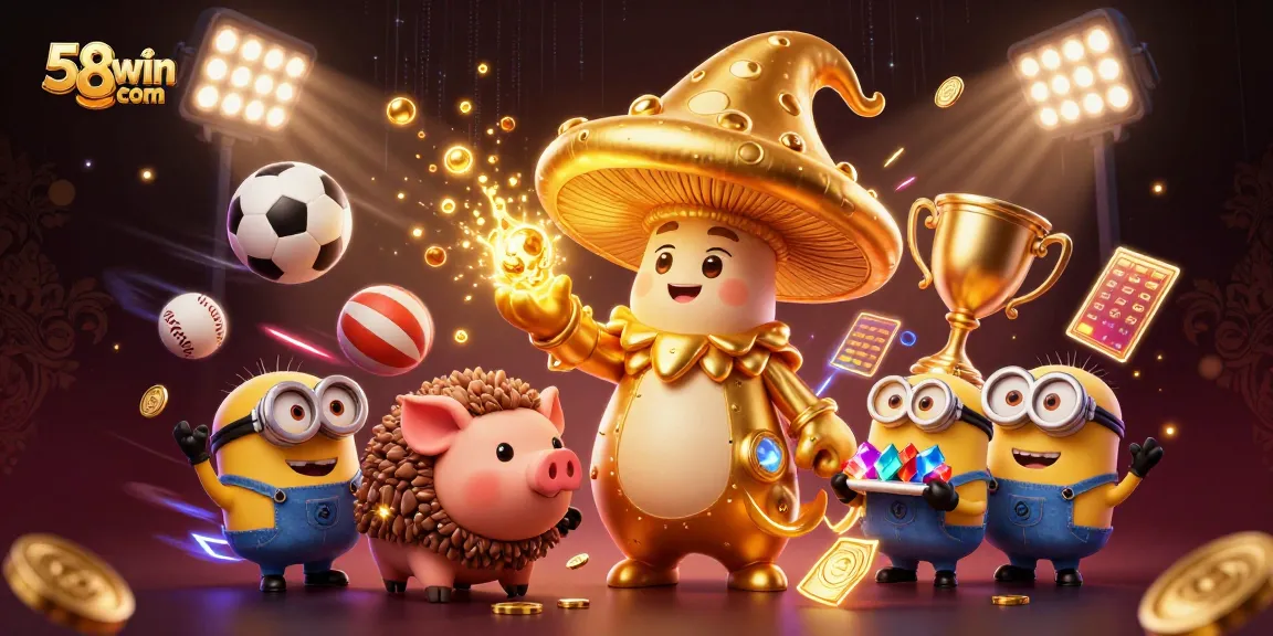 Experience gaming with 58win com, featuring a magical golden wizard and treasure-hunting pig in a dynamic casino scene.