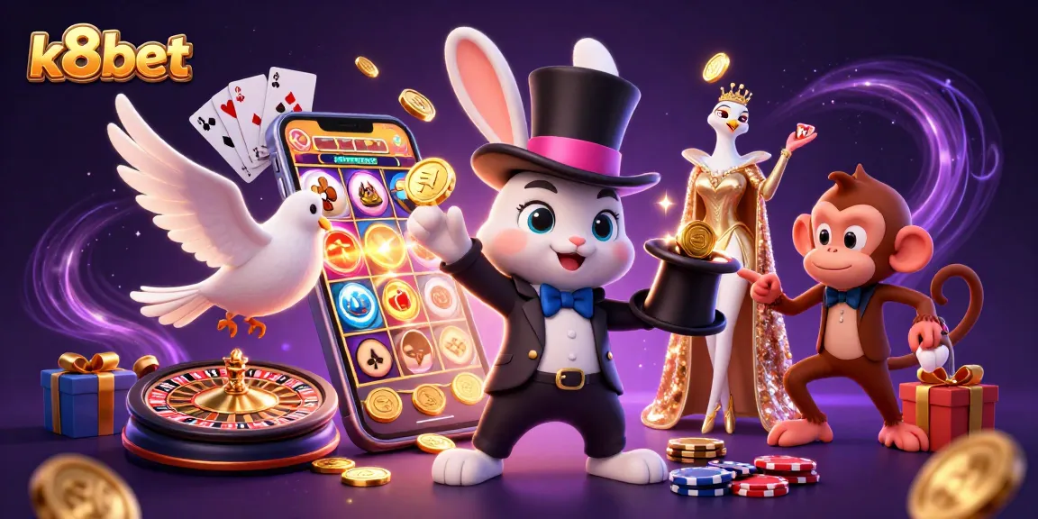 Engage with the vibrant world of k8bet as a magician rabbit reveals treasures in a casino setting.