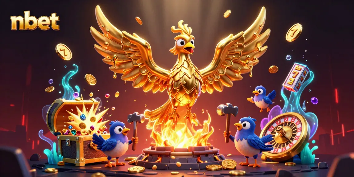 Spin the reels with nbet's golden phoenix emerging amidst coins in a vibrant casino setting.
