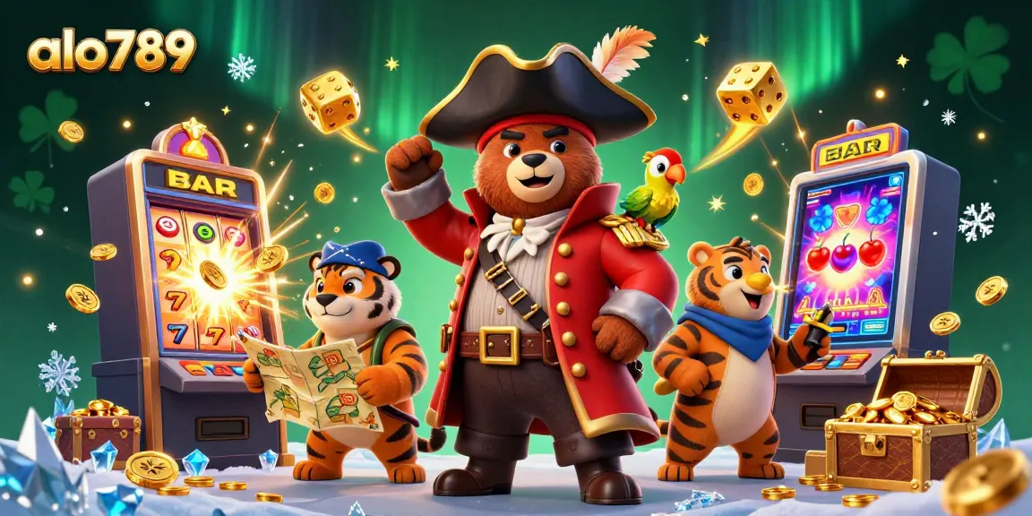 Engage in thrilling gaming adventures at alo789, featuring a pirate theme with slot machines and vibrant characters.