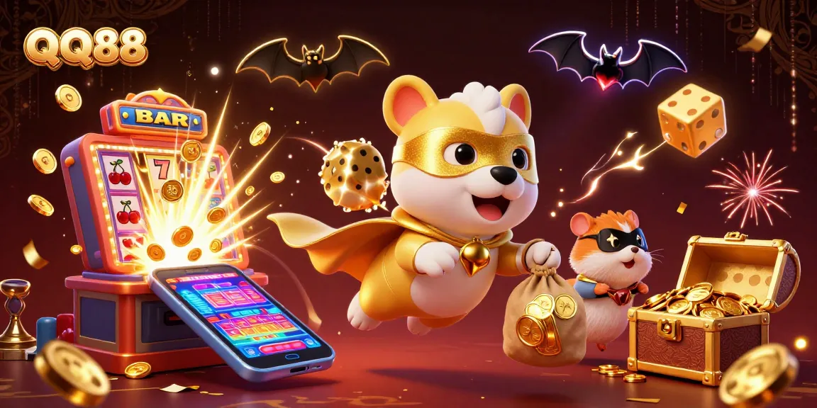 Experience the excitement of QQ88 as a superhero dog takes flight with gold coins, augmented by vibrant casino elements.