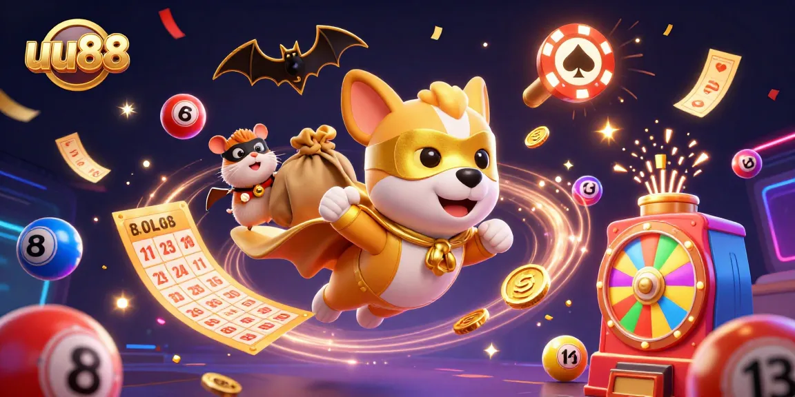 uu88 users enjoy festive winnings with a superhero dog and hamster in a dynamic casino celebration scene.