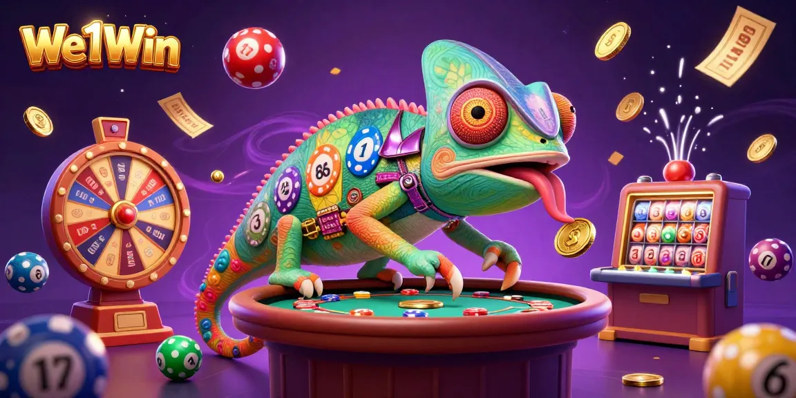 We1Win engages players with vibrant lottery balls and gold coins in a lively casino atmosphere.
