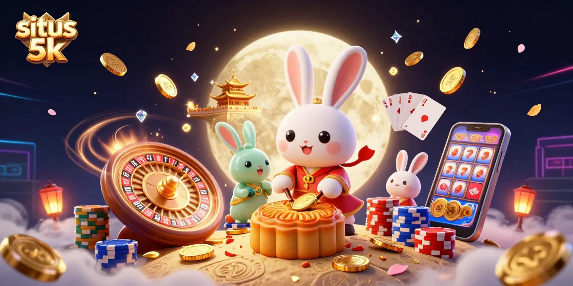 Play and win on situs 5k with exciting slots and poker action amidst colorful characters and gold.