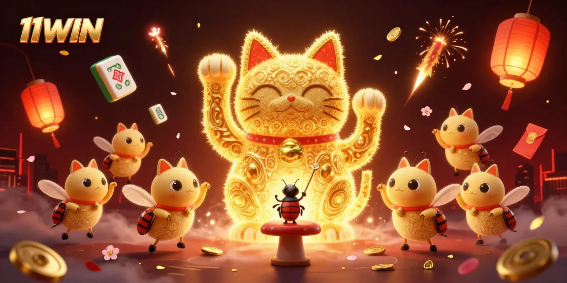 Experience the 11WIN excitement with this vibrant, dynamic 3D casino scene filled with golden fireflies.