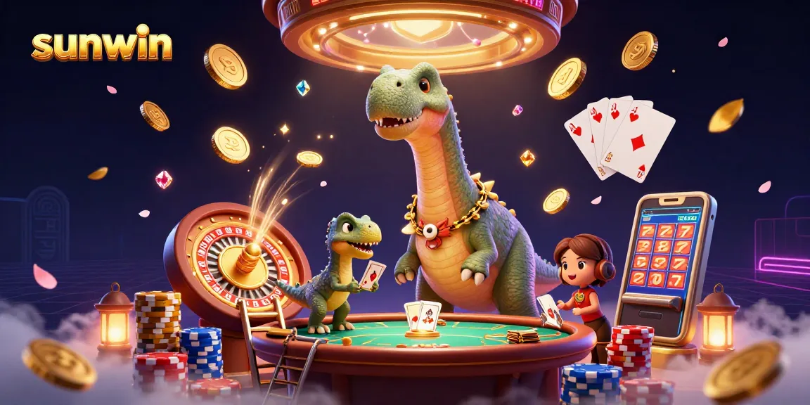 Engage with sunwin's dynamic gaming scene showcasing a giant brontosaurus and clever raptor dealer.