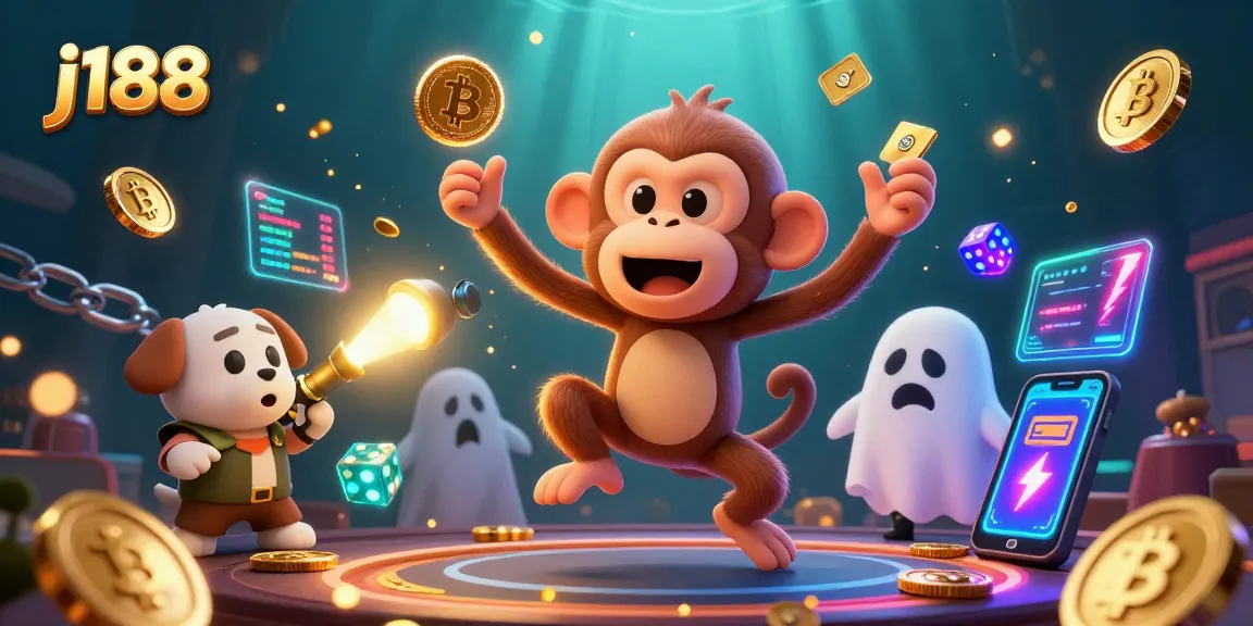 Experience the excitement of j188 with a poltergeist monkey and ghost-hunter puppy in a vibrant casino scene.