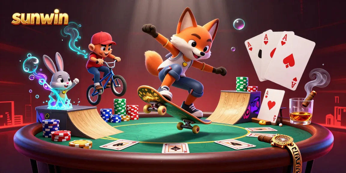 Experience the thrill of sunwin at this vibrant 3D illustration with fox and rabbit characters performing tricks