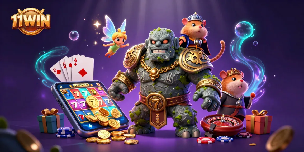 Discover the enchanting world of 11WIN with a vibrant golem, a fairy, and casino game elements.