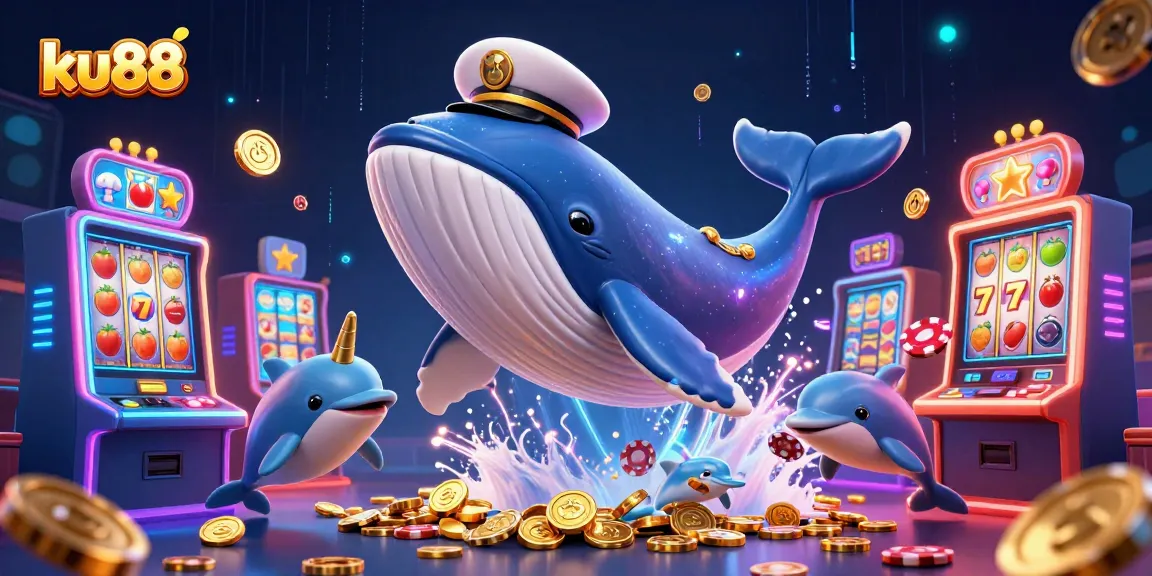 ku88 captures the excitement with a whale, narwhal, and dolphins in a vibrant casino scene.