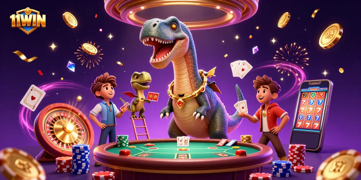Engage with thrilling casino action at 11WIN, featuring a playful dinosaur dealing cards.