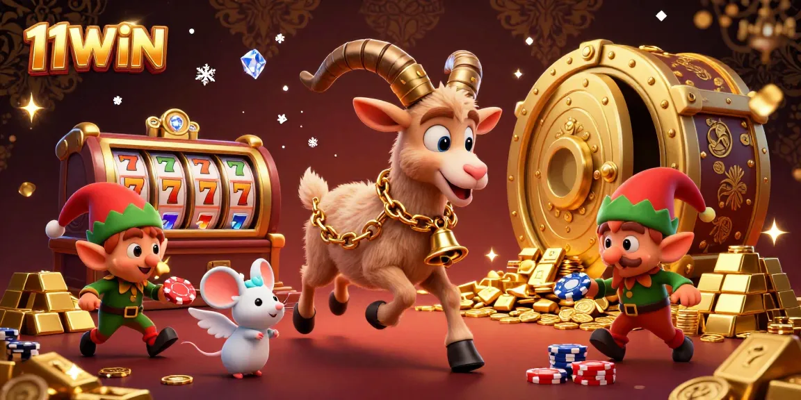 Experience excitement with 11WIN in a festive casino scene featuring Krampus, angel mouse, and mischievous gremlins.