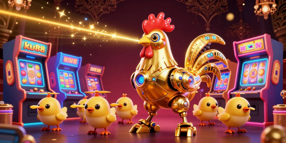 Engage with ku88's thrilling casino atmosphere showcasing a golden rooster robot and dynamic gaming elements.